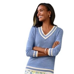 Womens Sweater Linen L Baby Blue V Neck Varsity Tennis Preppy Pickleball